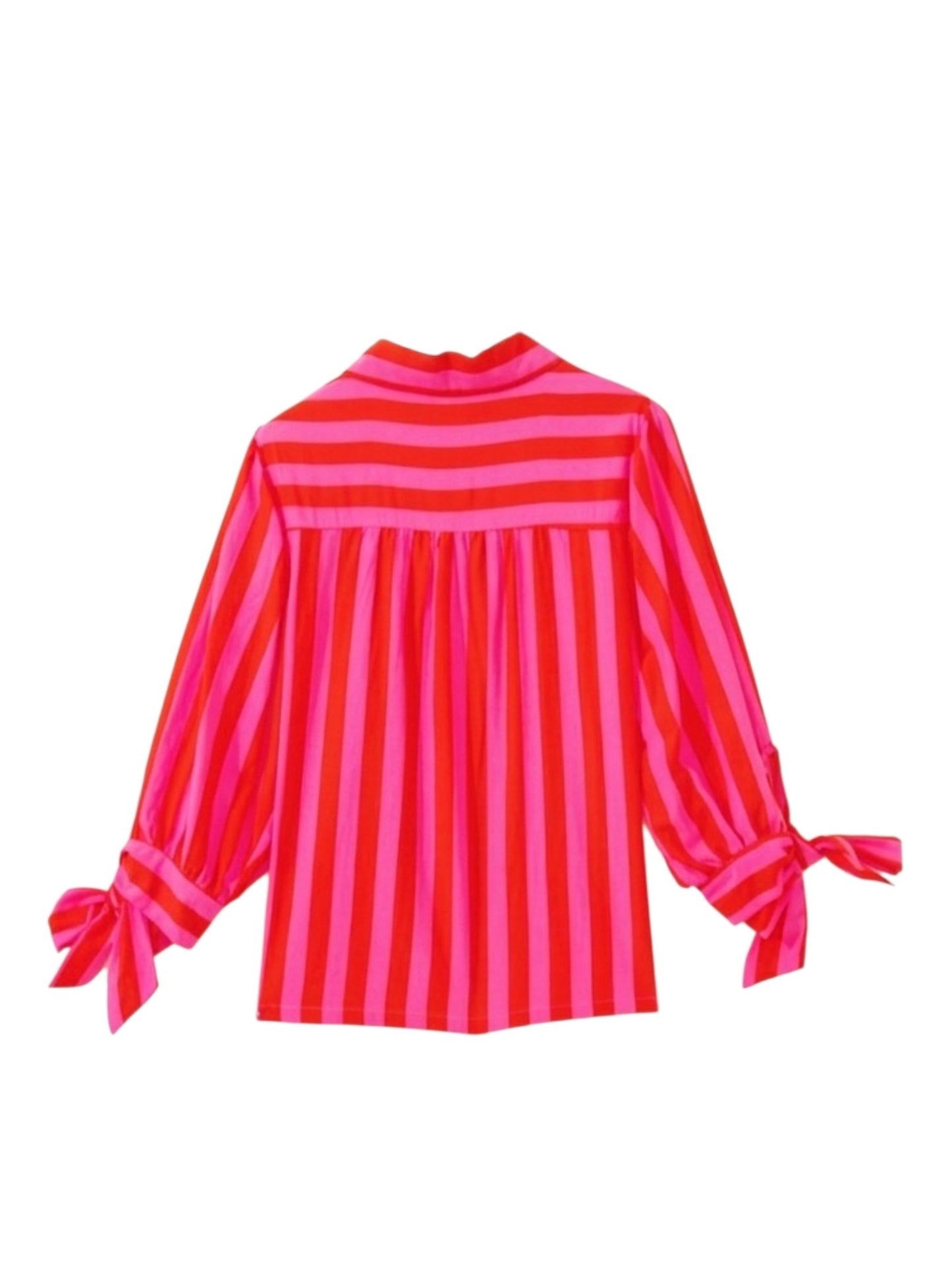 Red and pink striped blouse with tied sleeves on a white background