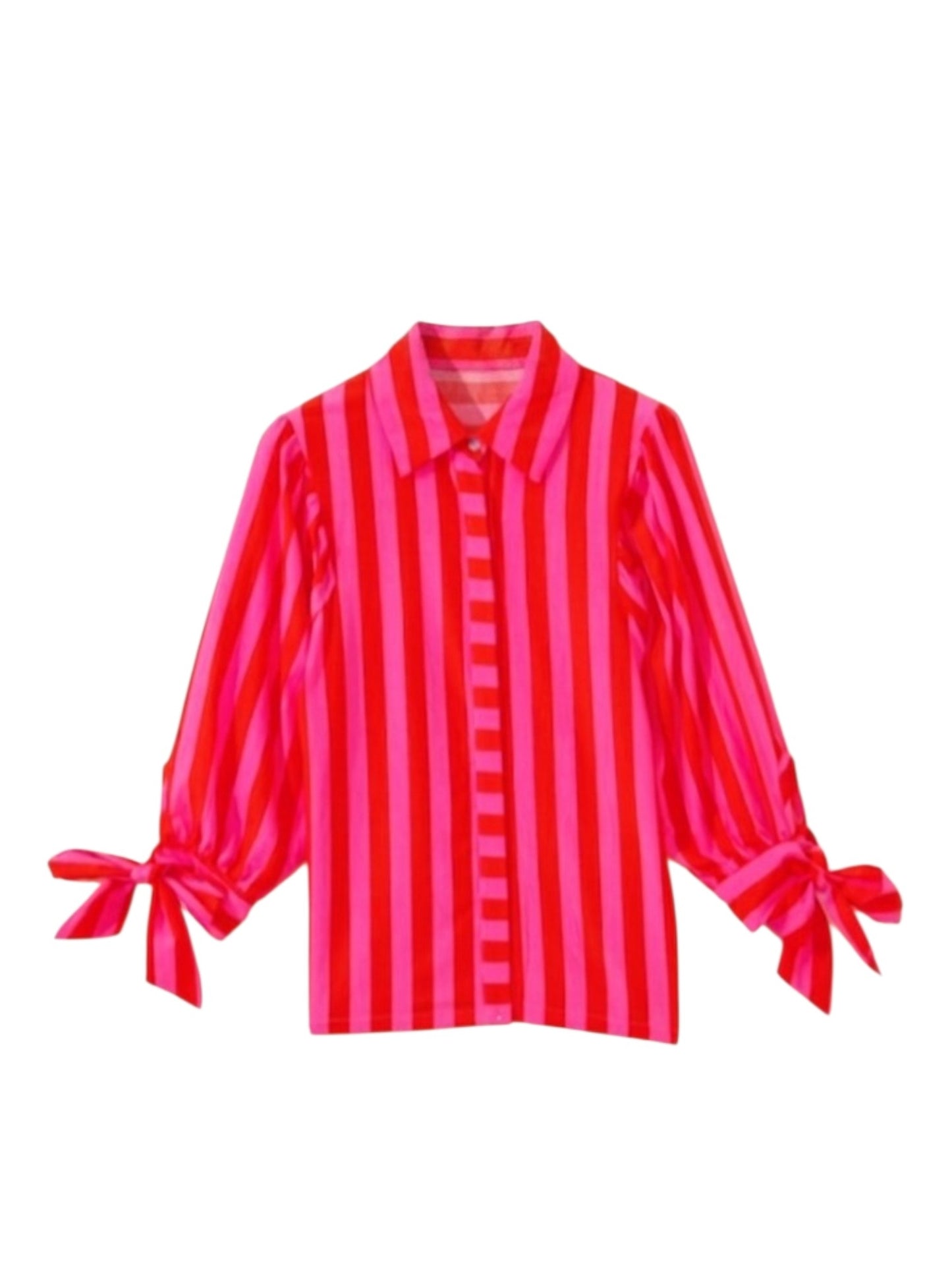 Red and pink striped shirt with tied sleeves on a white background