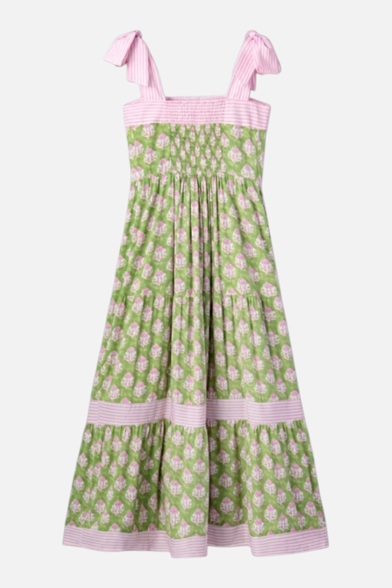 Flat lay back view of a green and pink botanical block print tiered maxi dress featuring pink striped tie-knot straps, smocked bodice, tiered skirt with pink striped border trim at hem