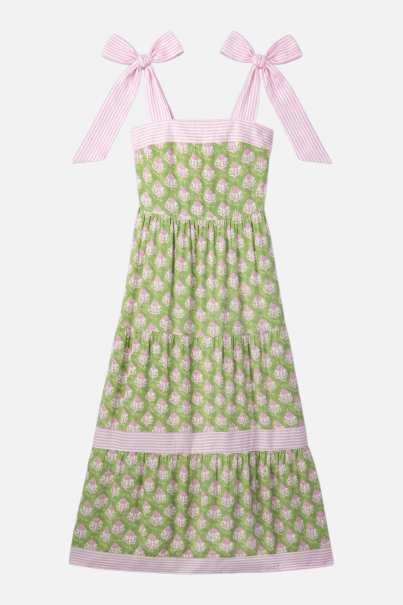 Flat lay front view of a green and pink botanical block print tiered maxi dress with pink striped tie-knot bow straps, square neckline, smocked bodice, tiered skirt, and pink striped border trim at hem