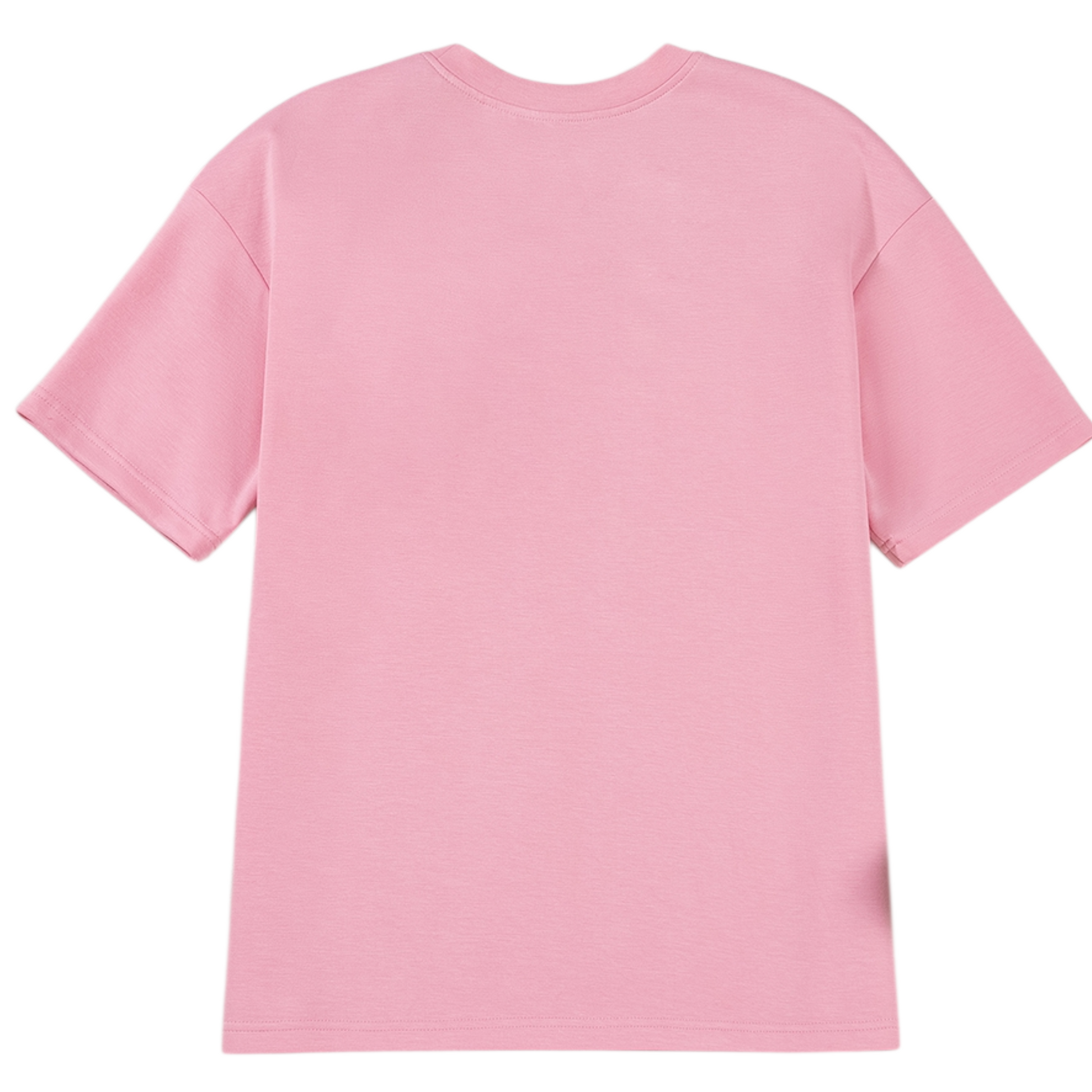 The back view of a pink cotton-blend t-shirt showing the clean silhouette and relaxed drop shoulder construction.