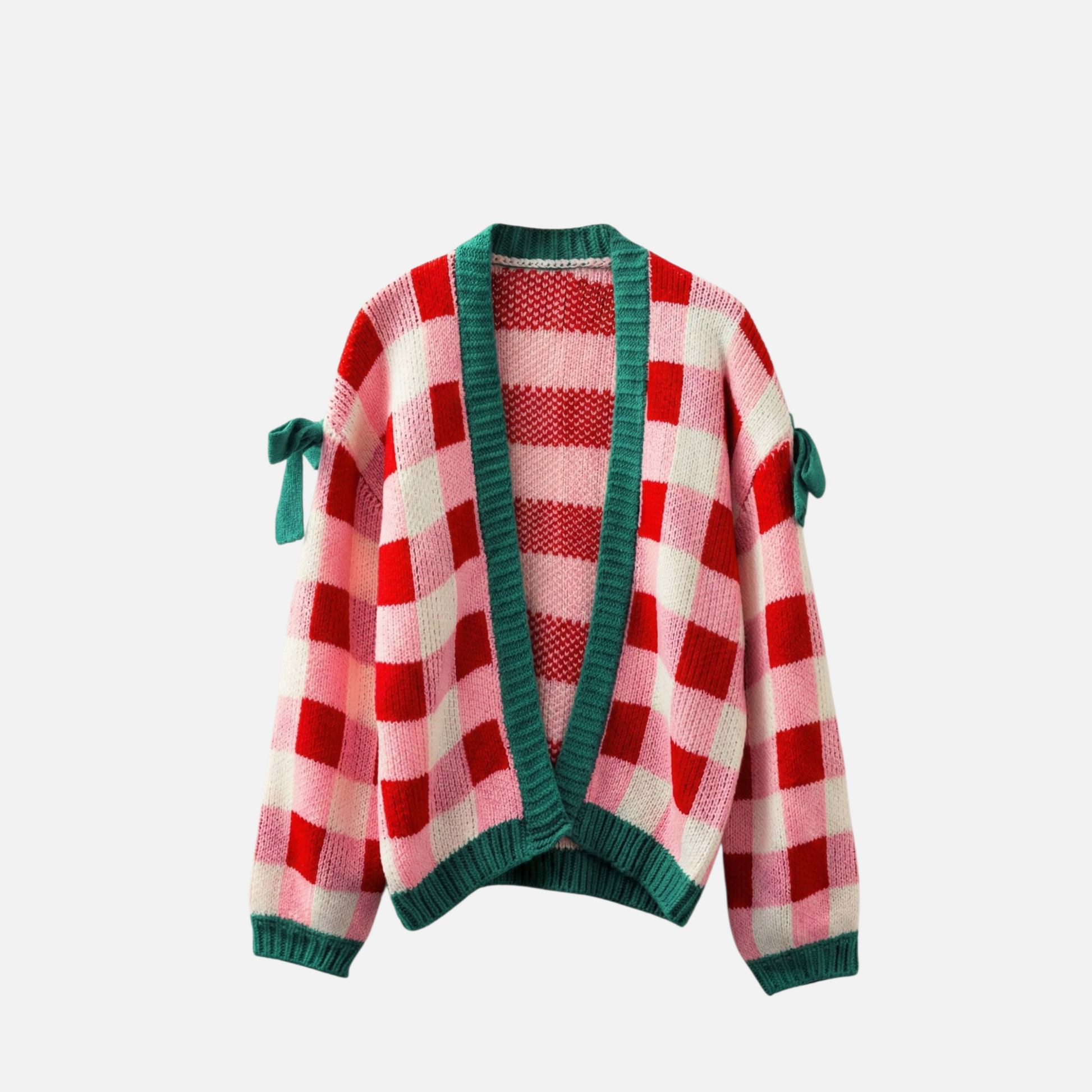 Studio product shot of a pink, red, and cream checkered open-front cardigan featuring a vibrant green ribbed collar, cuffs, and hem with side-sleeve bow details.