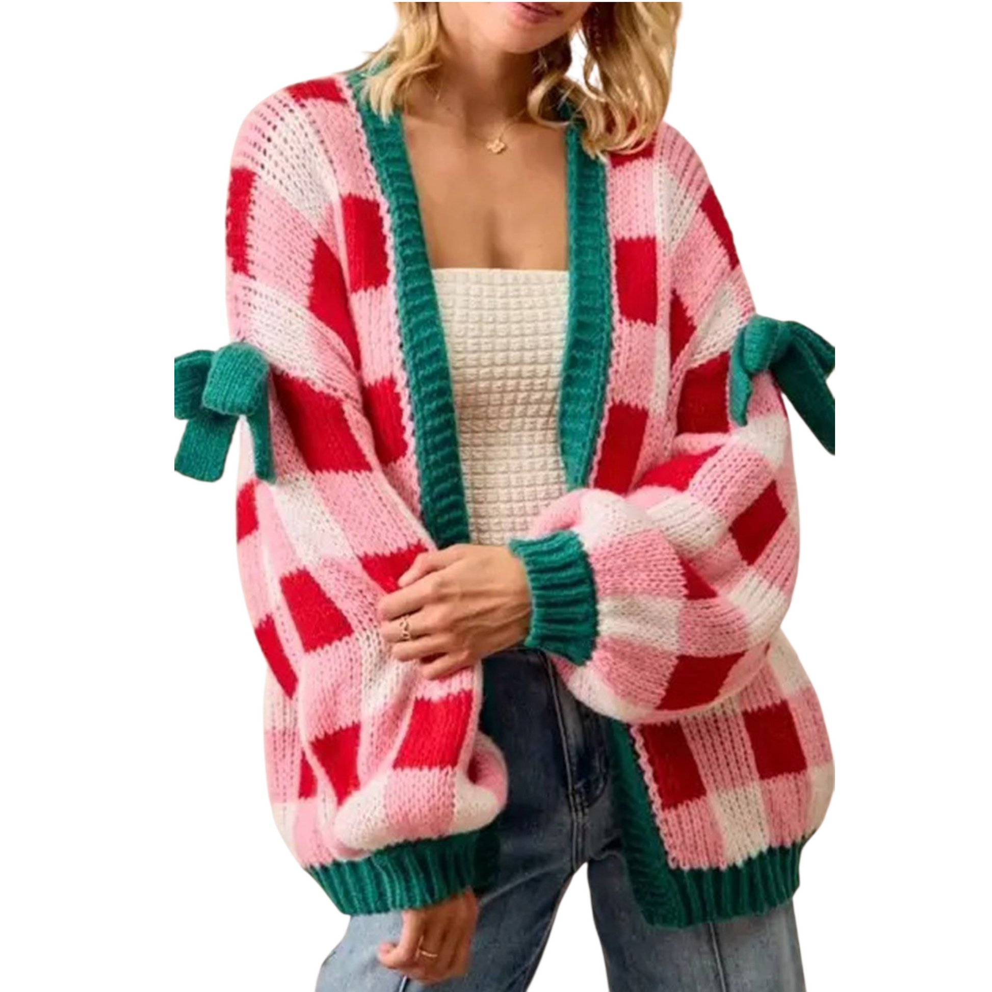 Person wearing a colorful checkered cardigan with green trim on a white background