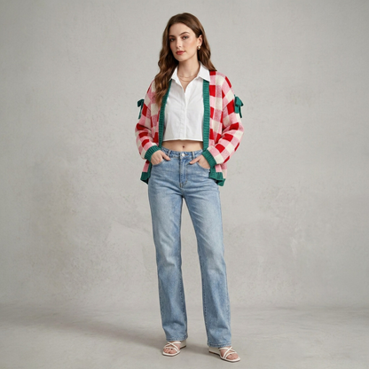 Front view of a model wearing a pink and red checkered open-front knit cardigan with green trim and decorative sleeve bows, styled with a white shirt and blue jeans, and white strappy wedge sandals.