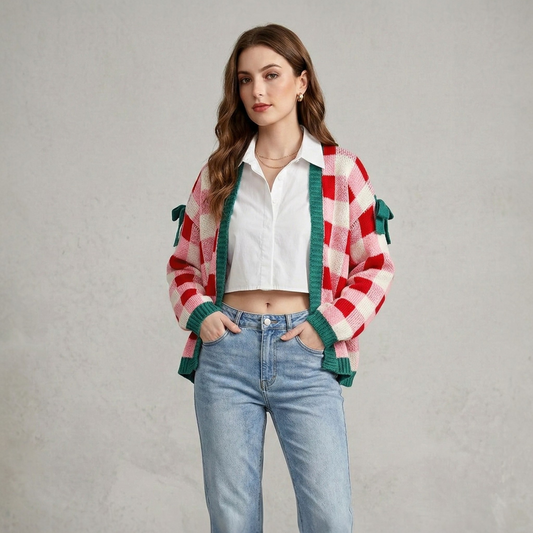 Front view of a model wearing a pink and red checkered open-front knit cardigan with green trim and decorative sleeve bows, styled with a white shirt and blue jeans.