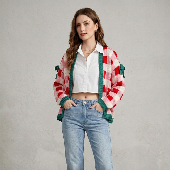 Front view of a model wearing a pink and red checkered open-front knit cardigan with green trim and decorative sleeve bows, styled with a white shirt and blue jeans.