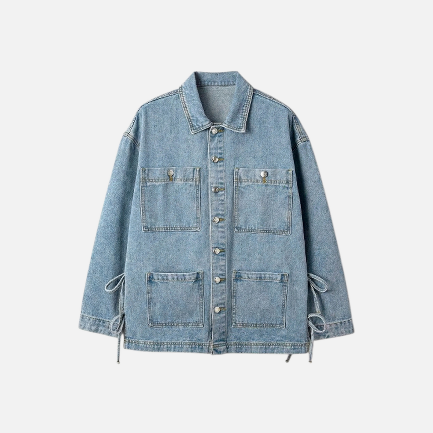 Front flat lay view of a light-wash denim boyfriend jacket, featuring a button-down closure, chest and lower patch pockets, and side tie-up details.