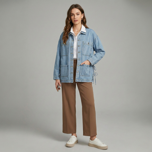 Full-body view of a model wearing a relaxed-fit light-wash denim boyfriend jacket, styled with a white collared shirt and brown trousers.