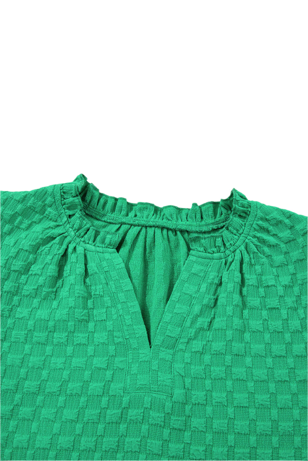Bright Green Textured Top Womens. Neckline view.