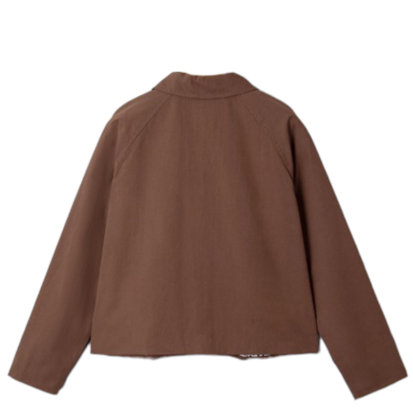 The back view of a short-length brown cotton jacket on a hanger, highlighting the clean-lined silhouette, raglan sleeve stitching, and structured collar.
