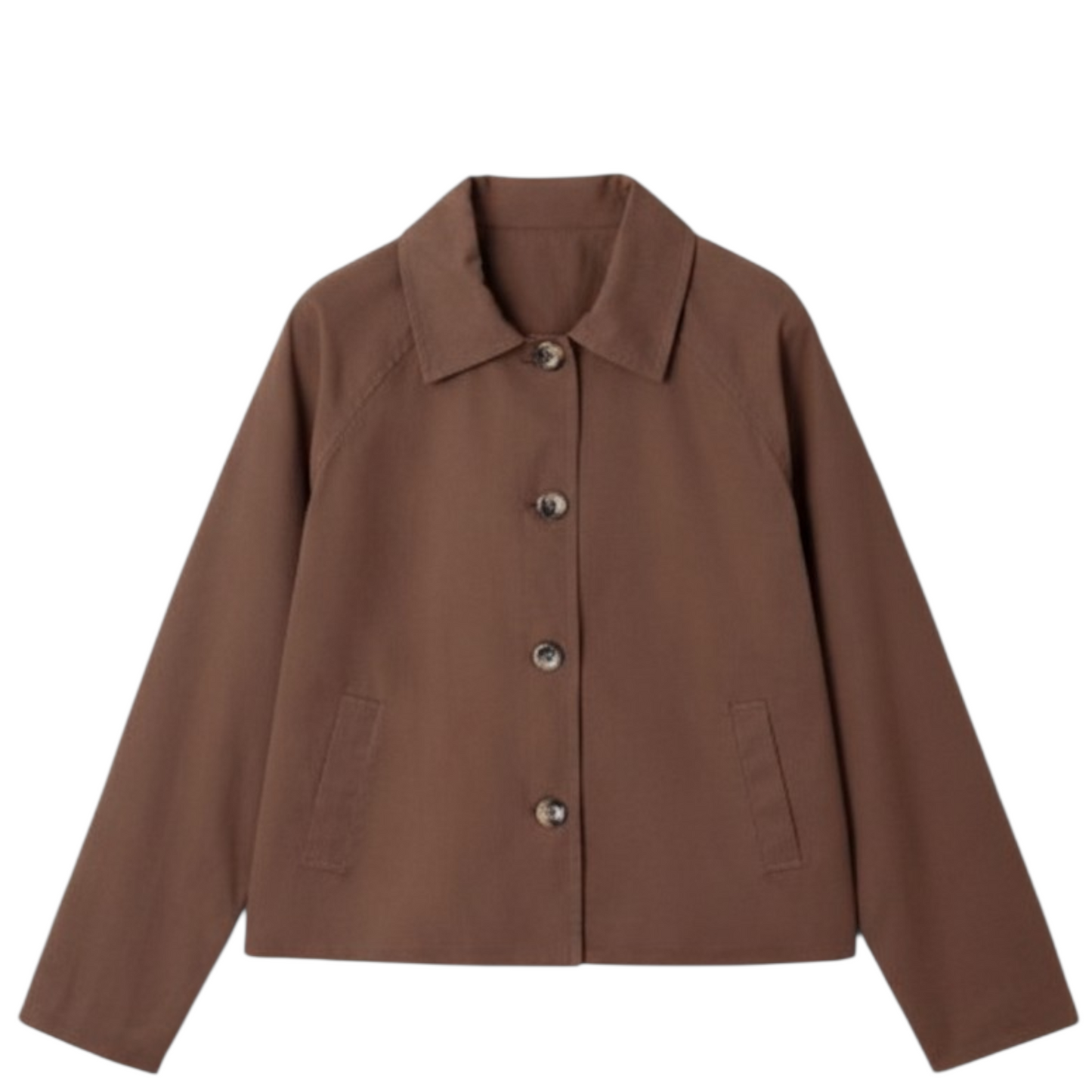 The front view of a short-length brown cotton jacket on a hanger, highlighting the clean-lined silhouette, raglan sleeve stitching, and structured collar.