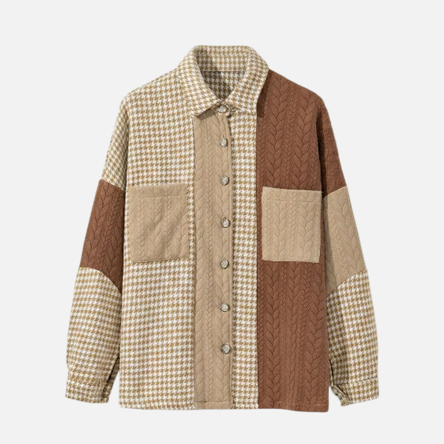 Front view of a brown and tan houndstooth and cable-knit patchwork shacket, featuring a button-down closure and utility pockets.