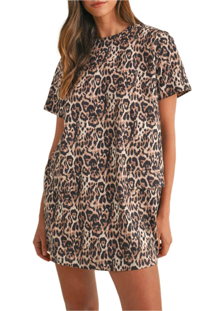 Brown leopard print dress with short sleeves, summer style.