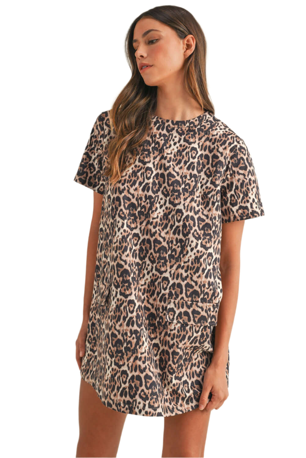 Brown leopard print dress with flap front pockets and short sleeves.
