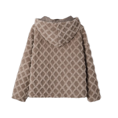 Rhombus-Patterned Sherpa Zip-Front Hooded Jacket