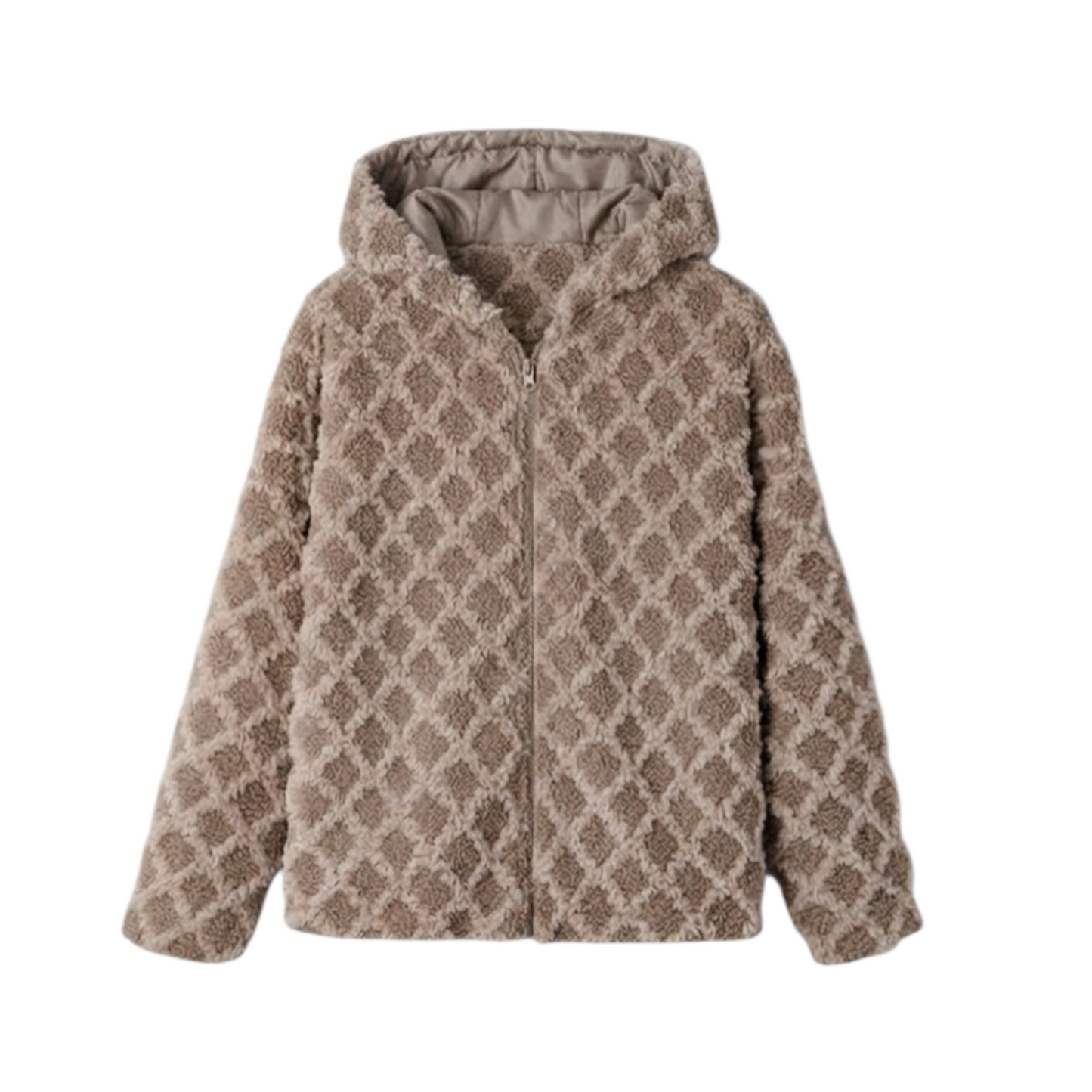 Rhombus-Patterned Sherpa Zip-Front Hooded Jacket