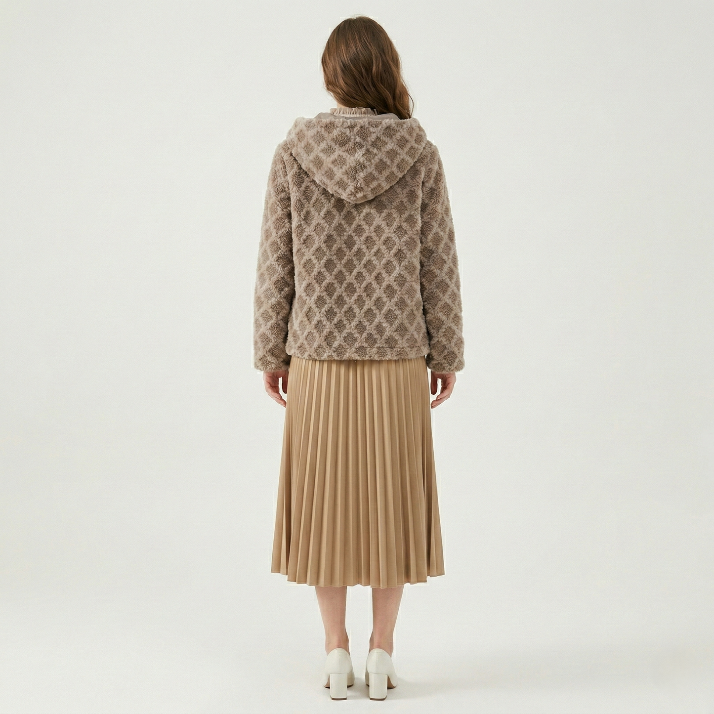 Rhombus-Patterned Sherpa Zip-Front Hooded Jacket