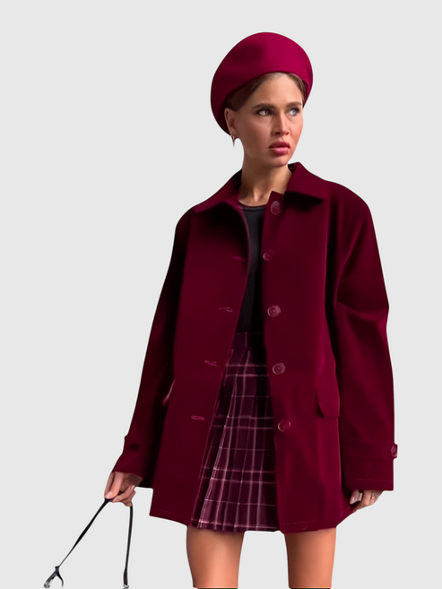 Catherine Martin burgundy oversized velvet jacket with a spread collar, button front, and flap pockets on a model