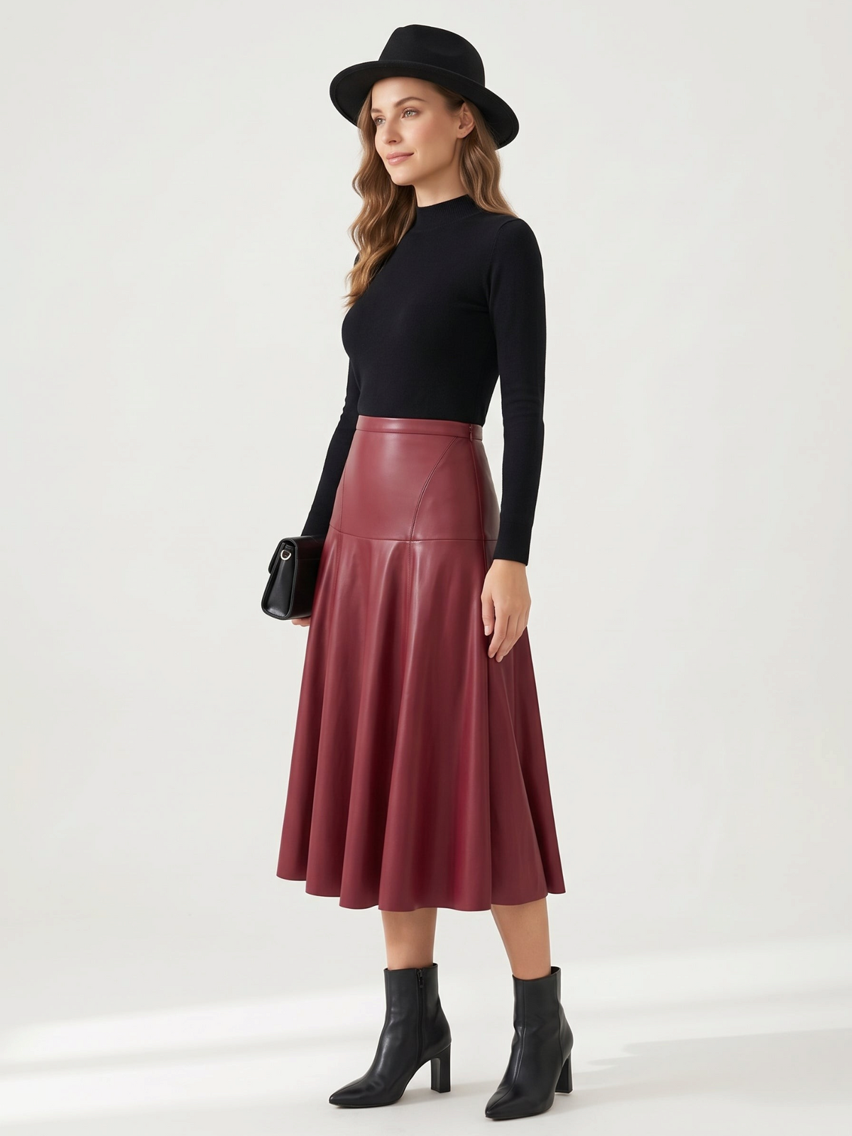 Model wearing a Catherine Martin burgundy faux leather midi skirt with a high waist and flared A-line silhouette.