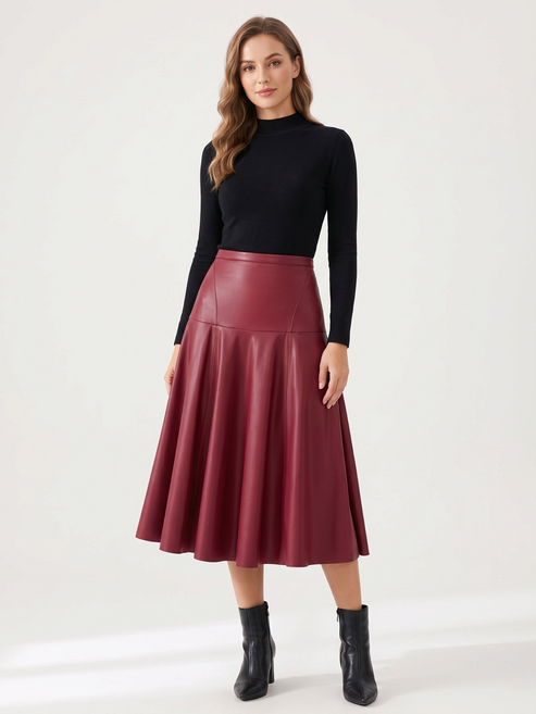 Model wearing a Catherine Martin burgundy faux leather midi skirt with a high-waisted flared A-line silhouette.