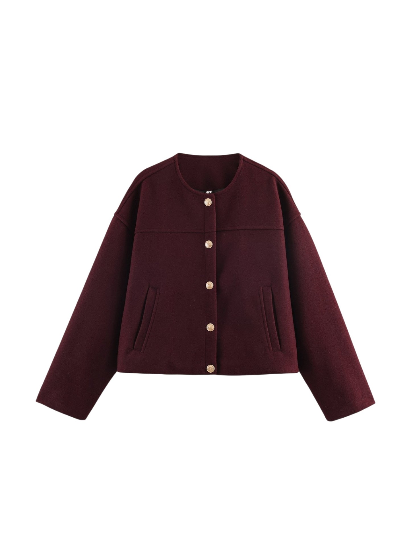 Front studio flat lay view of the collarless wool-blend cropped jacket displaying the vertical welt pockets and gold button-front closure.