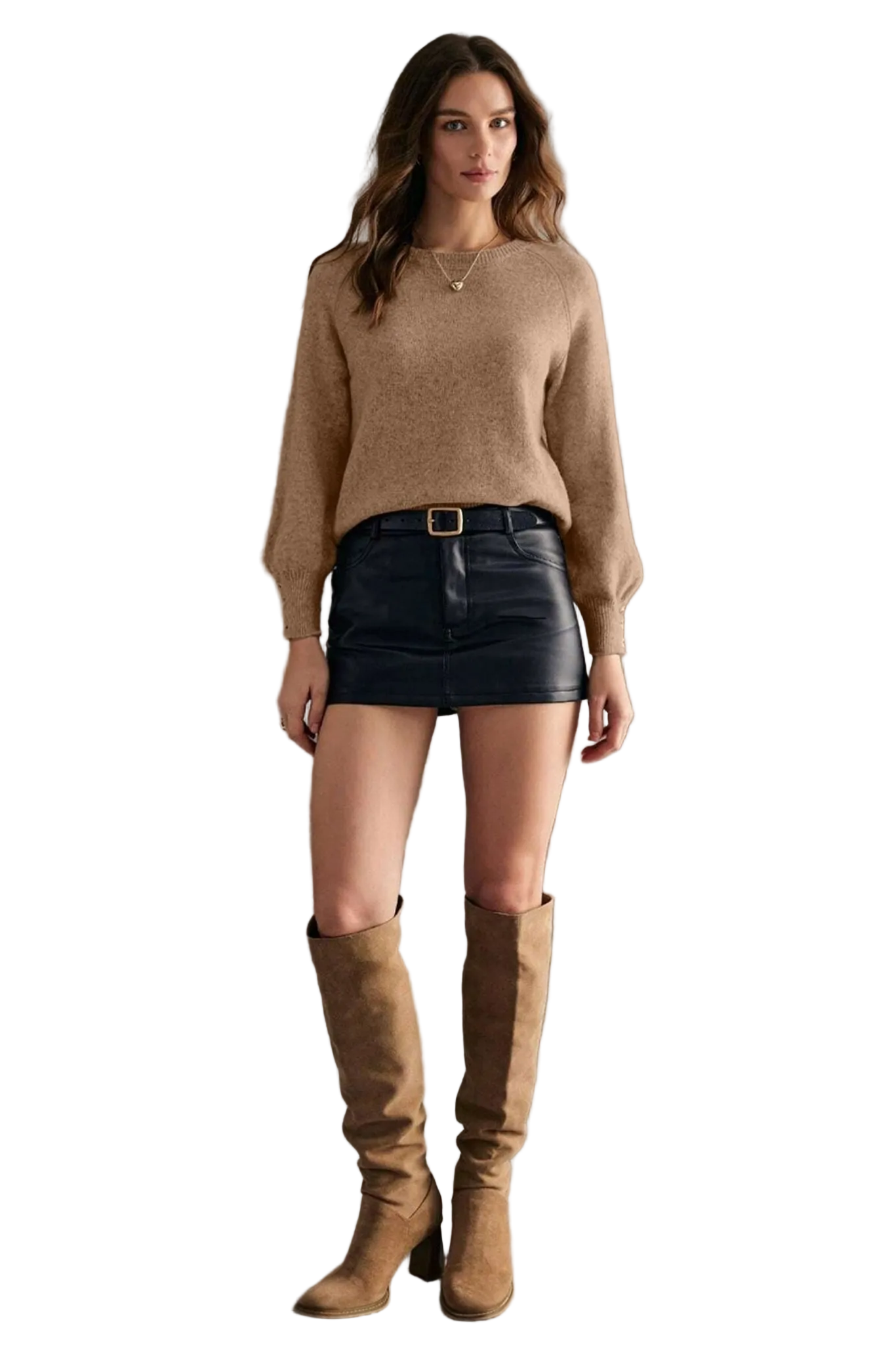 Camel button cuff raglan sleeve knit jumper full length view 
paired with black faux leather mini skirt and tan suede 
knee-high boots — women's knitwear Australia