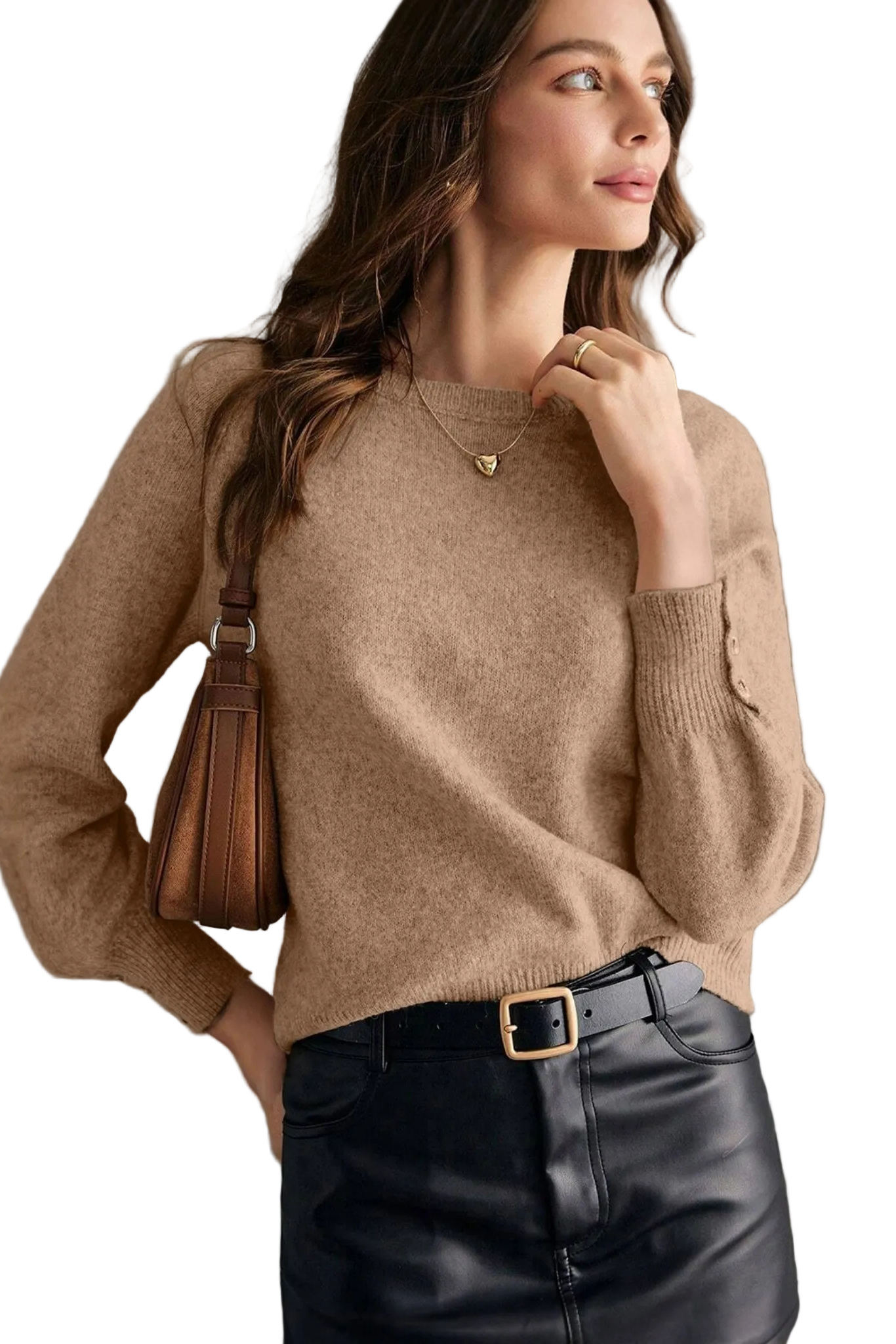 Women's camel knit jumper with button cuff detail worn with black 
leather skirt — soft lifestyle fashion photography