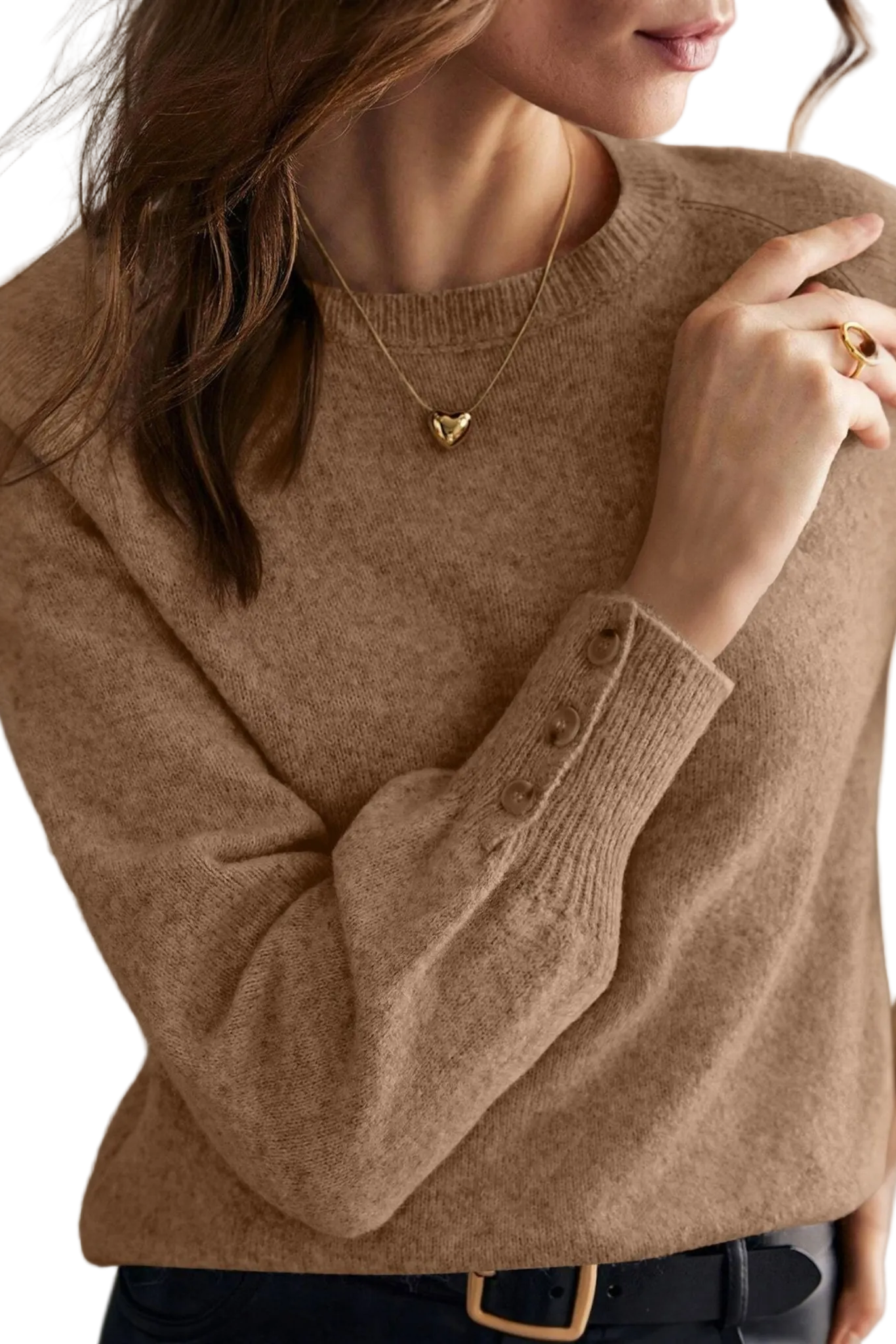 Close up of button cuff detail on camel knit jumper — 
raglan sleeve women's knitwear with gold jewellery styling