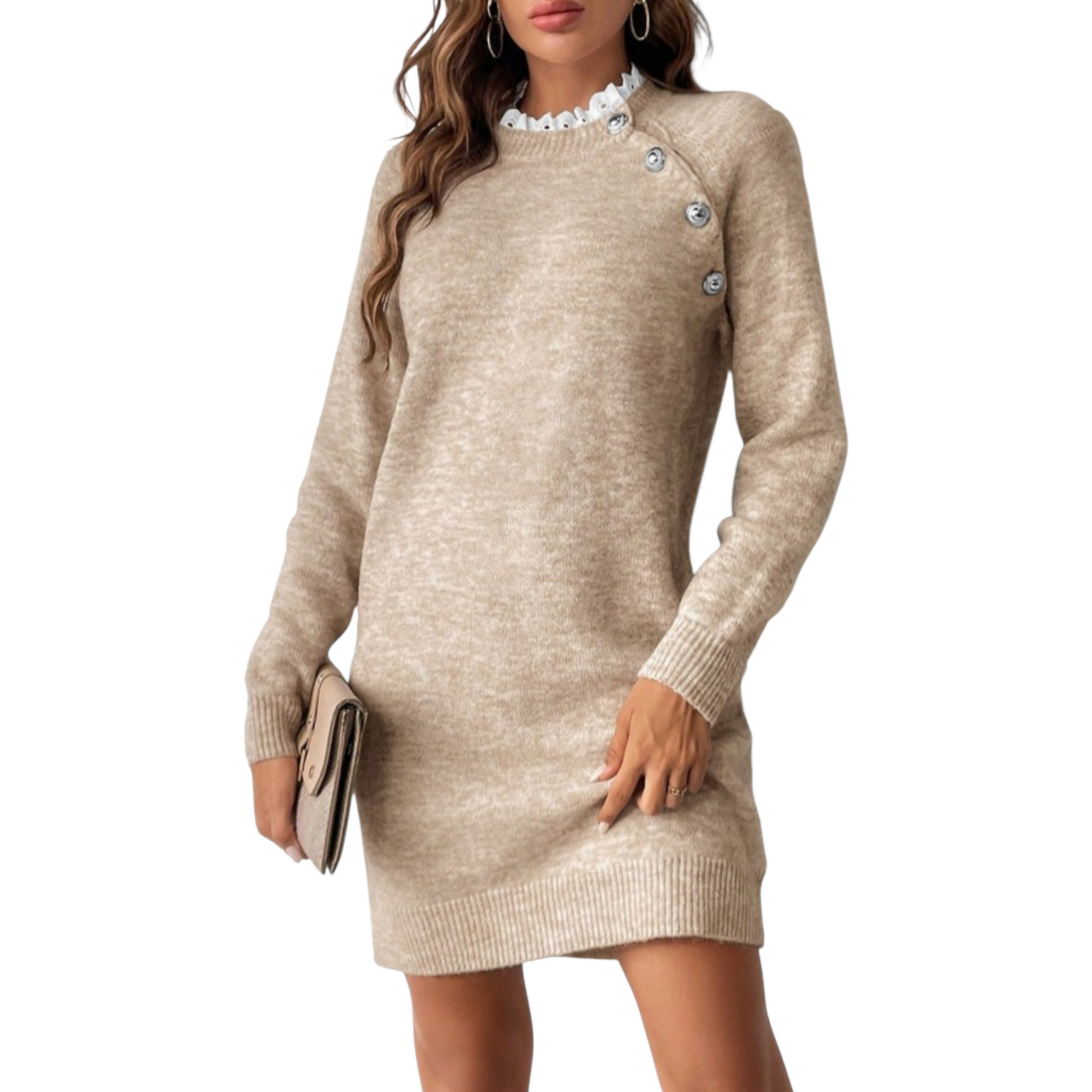 Beige sweater dress worn by a model on a white background