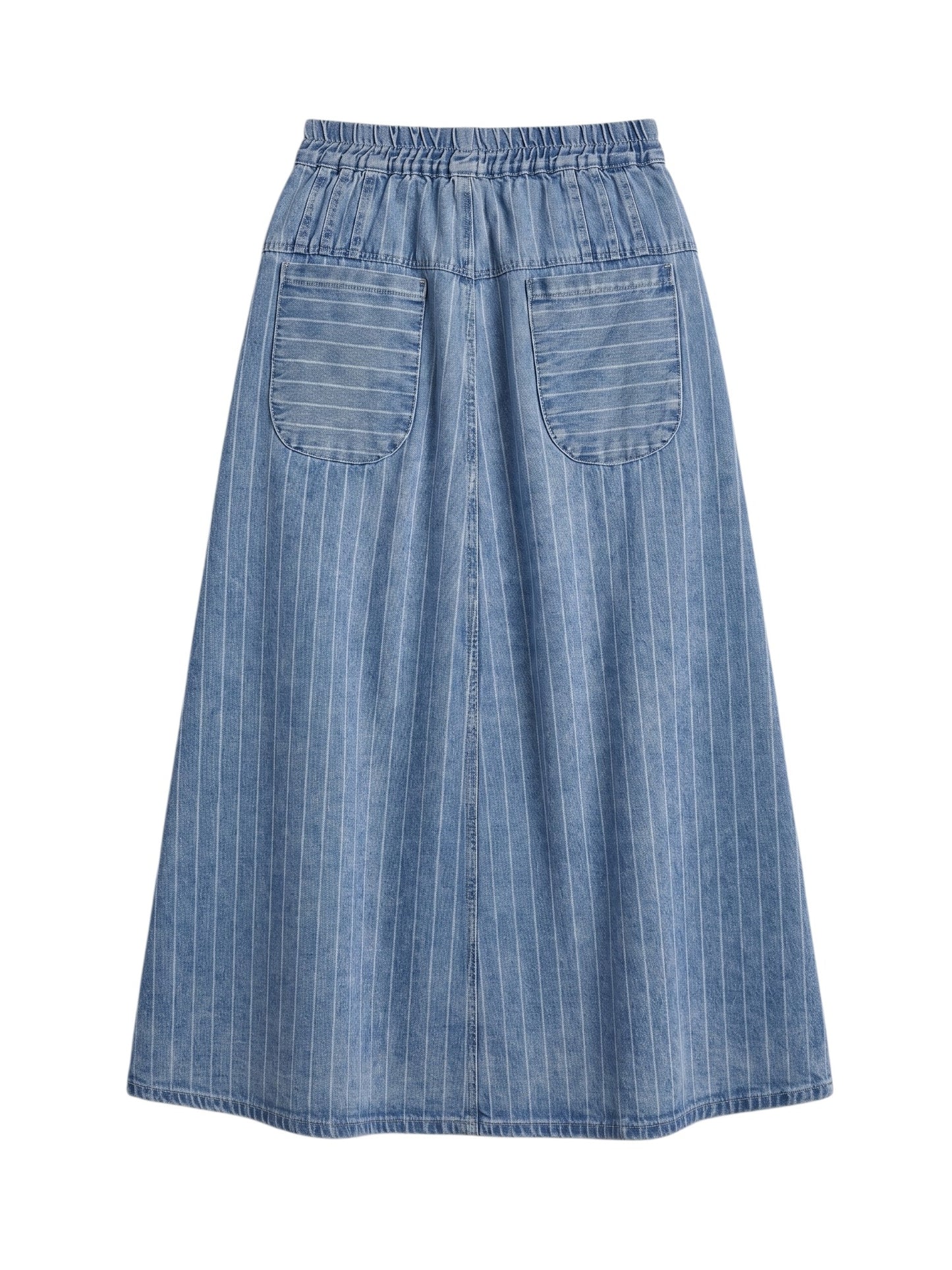 Blue denim skirt on a white background