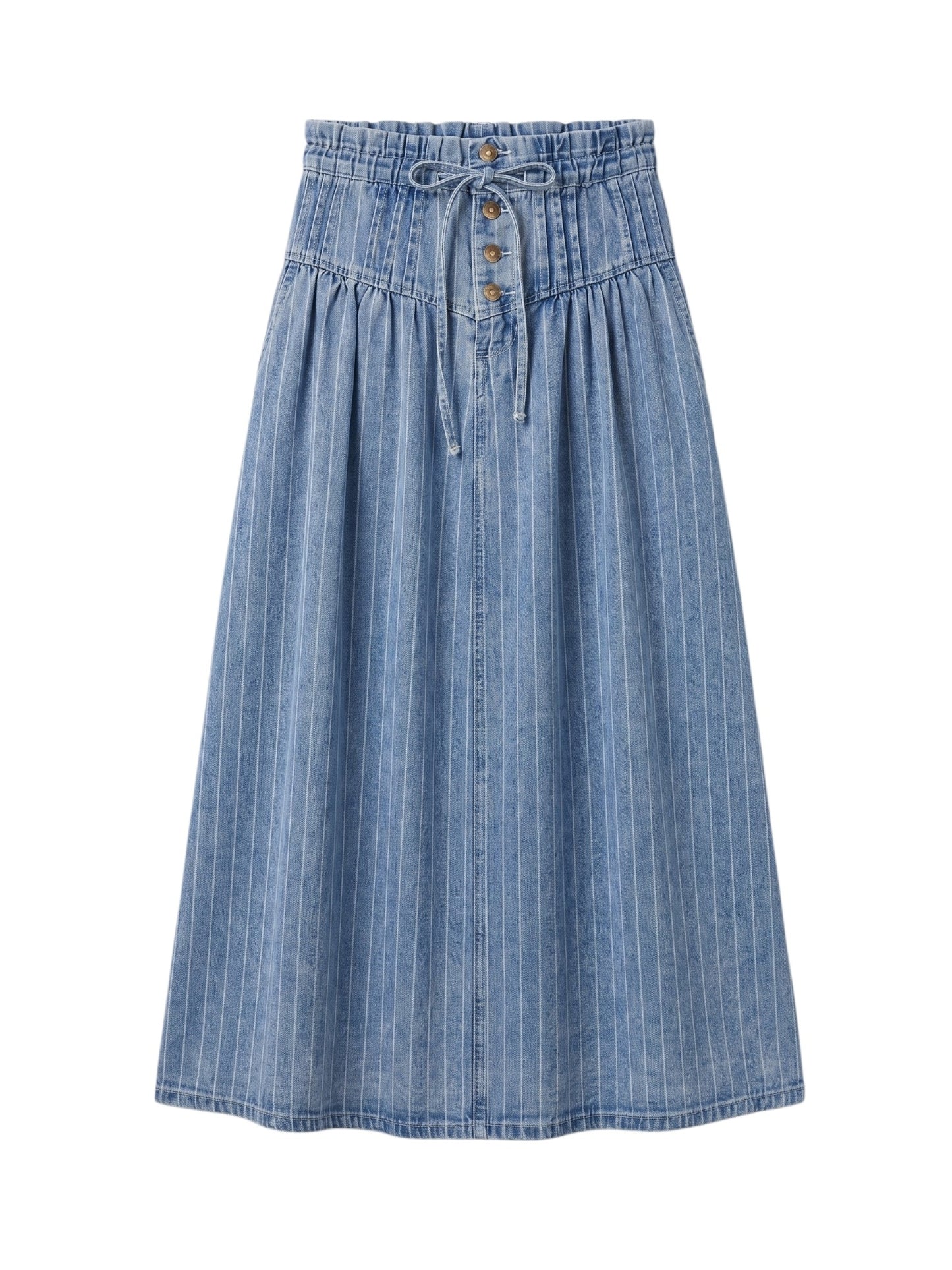 Blue denim skirt on a white background