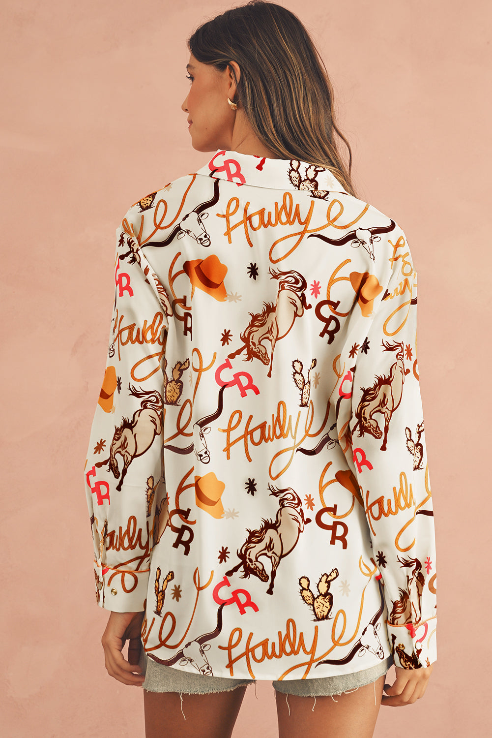 Back view of Beige Abstract Print Shirt Howdy with long sleeves.