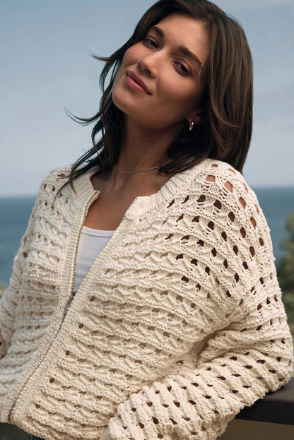Open-Knit Zip-Up Cardigan