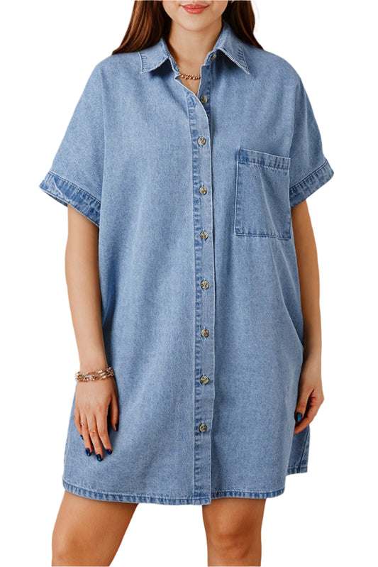 Relaxed Denim Shirt Dress for Ladies. Focus front view.