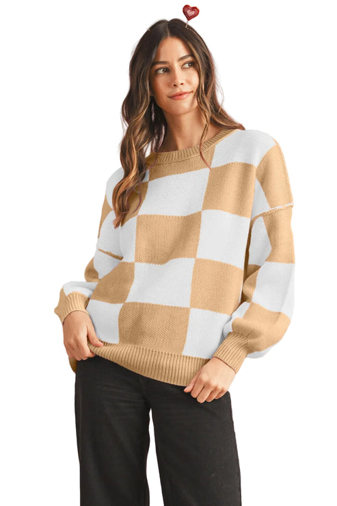 Women's Casual Check Knitted Jumper - Khaki. Front view.