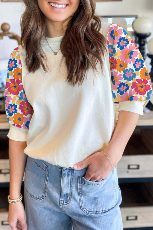 Beige Floral Puff Sleeve Top - Catherine Martin