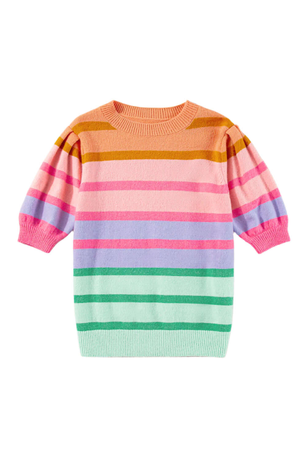 Rainbow Striped Knit Top. Front view, lay flat.