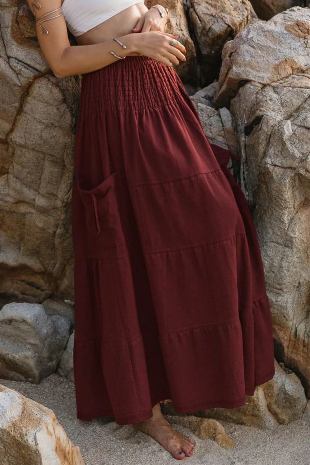 Dark Red Tiered Maxi Skirt - Catherine Martin