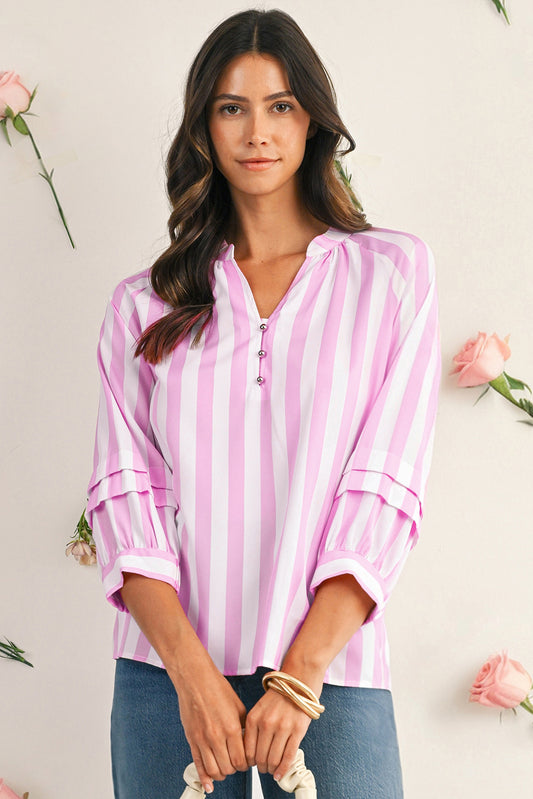 Pink and White Striped V-Neck Raglan Sleeve Blouse