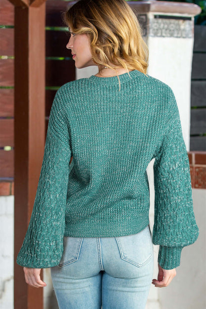 Women Chunky Knit Pullover – Neutral Tones. Green colour. Back view.