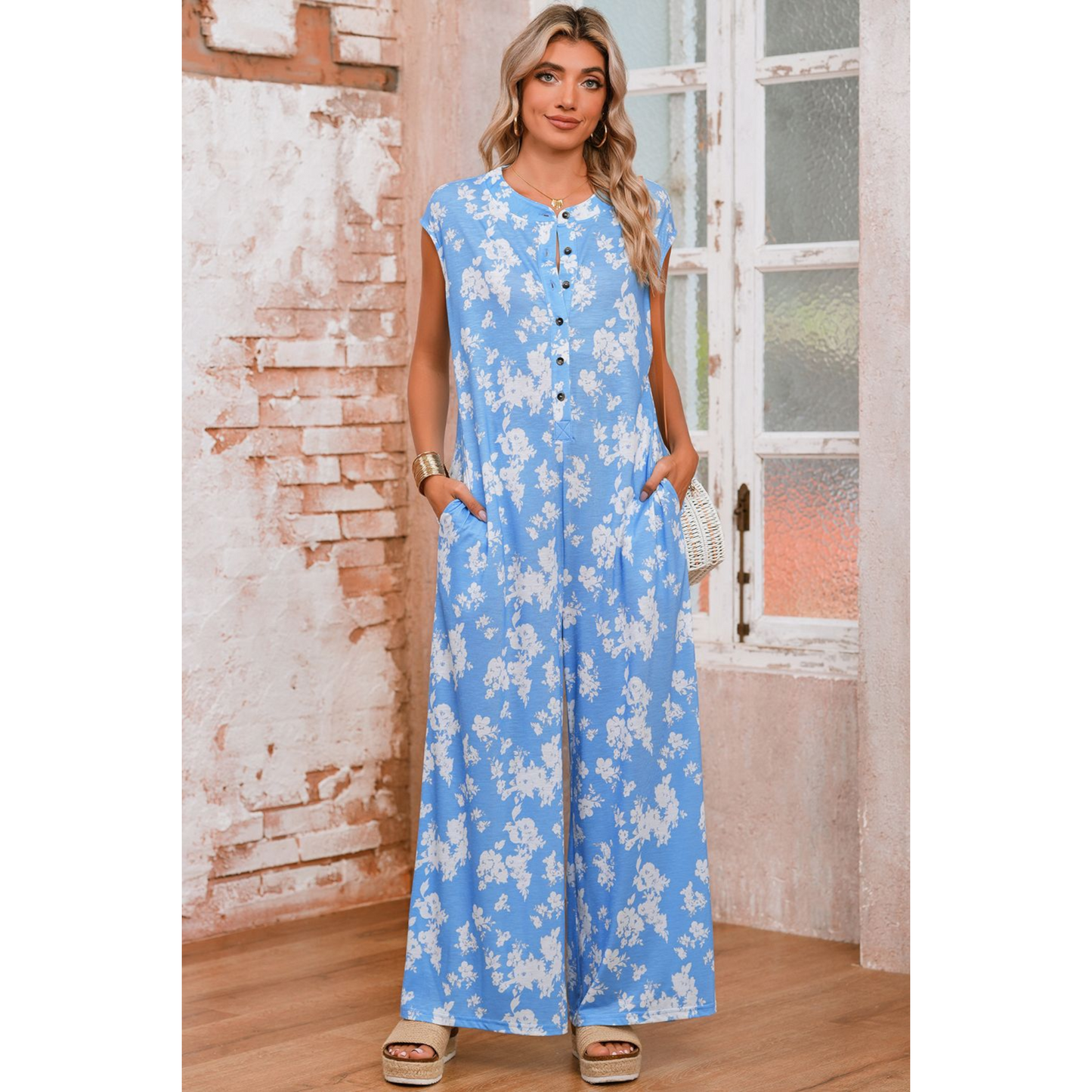 Cap Sleeve Floral Wide-Leg Jumpsuit
