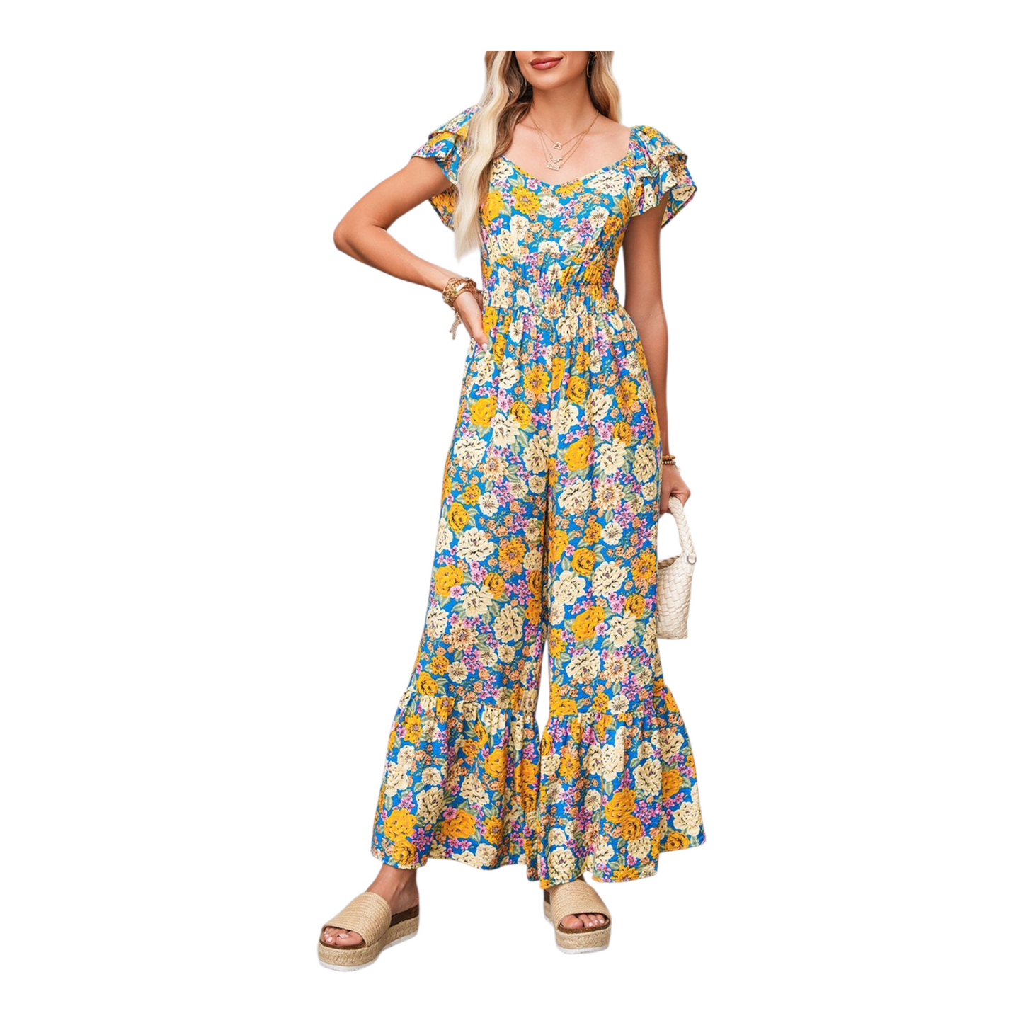 Woman wearing a floral dress on a white background