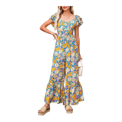 Woman wearing a floral dress on a white background