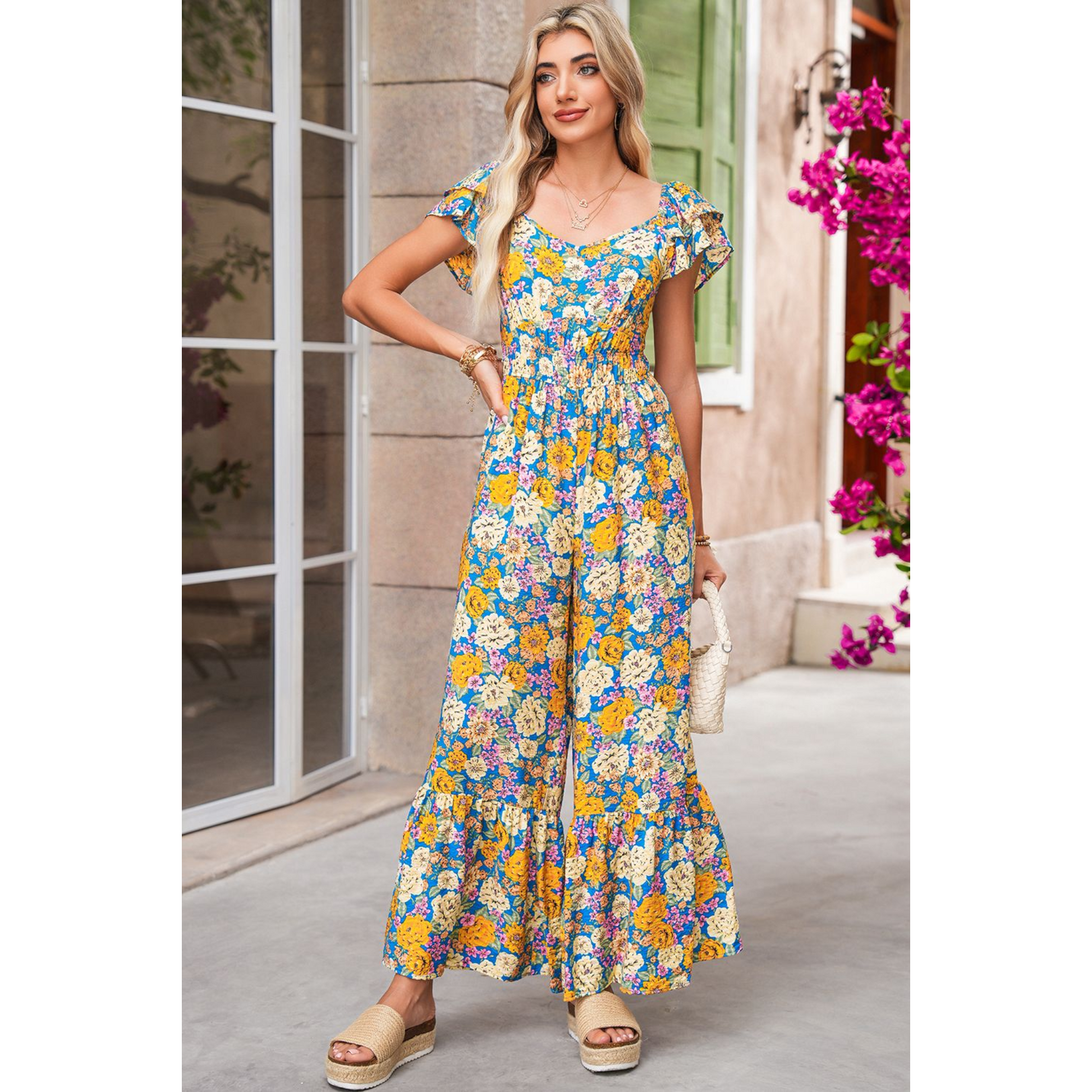 Woman wearing a floral dress standing in front of a building with pink flowers.