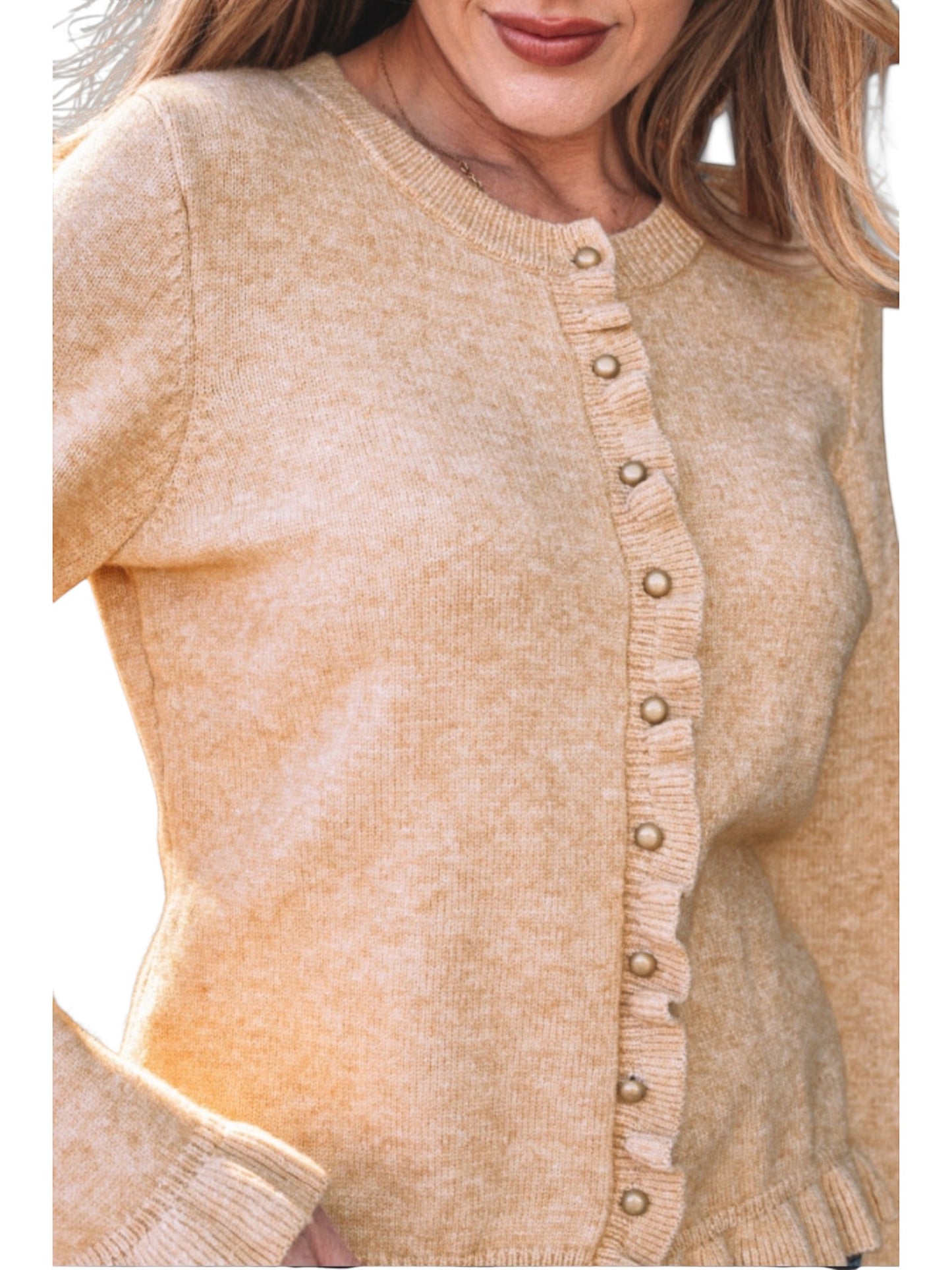 Catherine Martin beige knit cardigan featuring ruffle trim along the placket and polished gold buttons