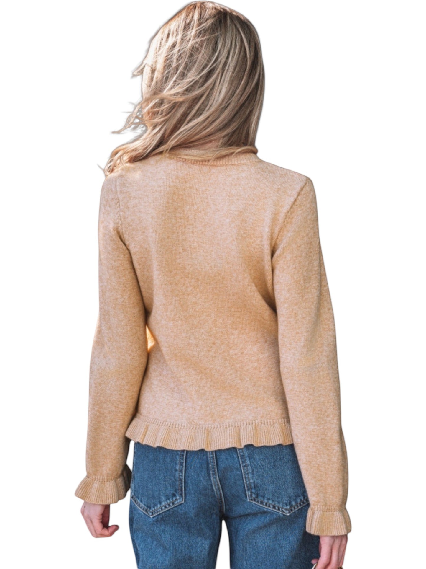 Catherine Martin beige knit cardigan with ruffle trim on hem and cuffs, worn by a blonde woman from behind