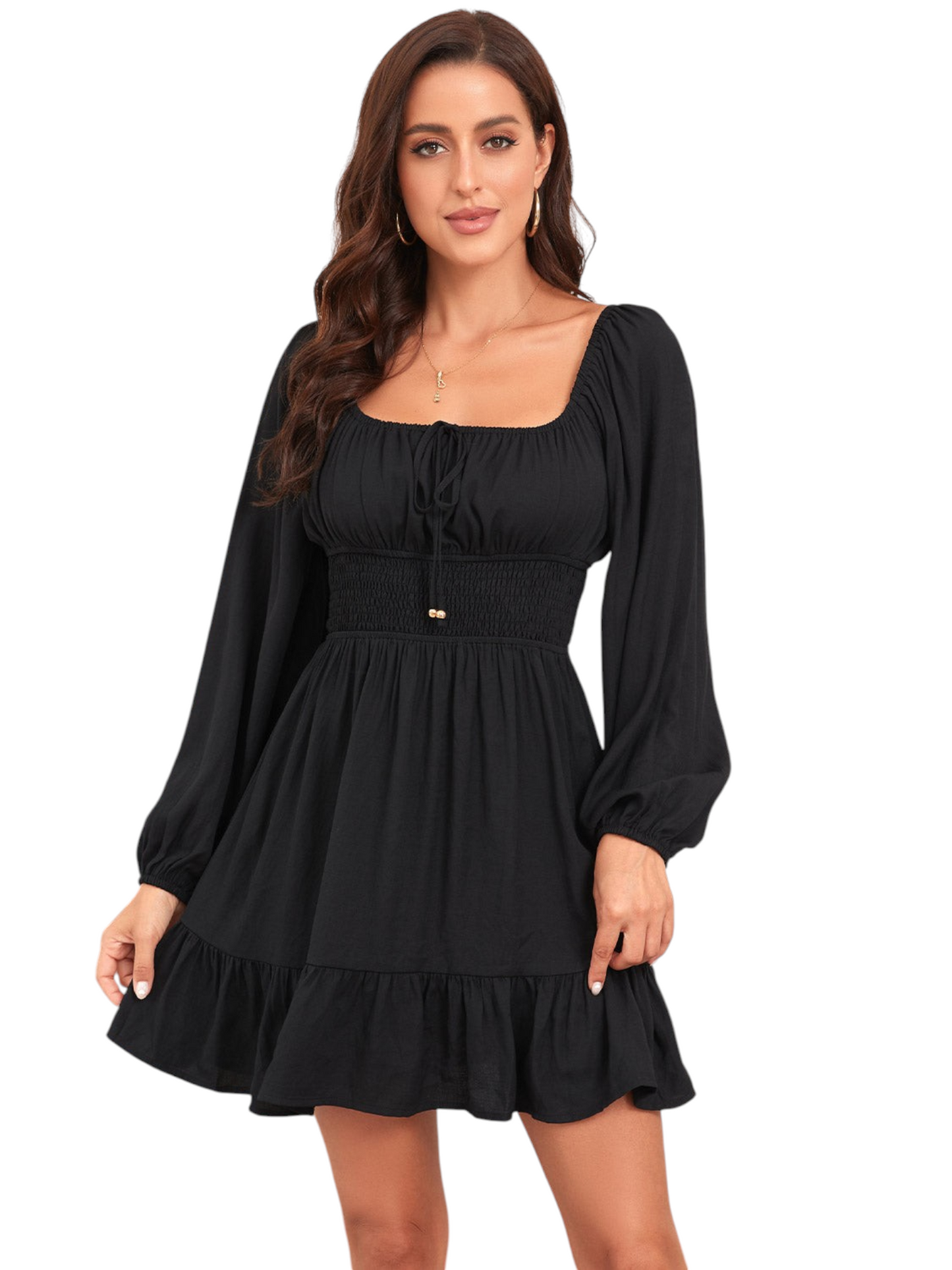 Catherine Martin black smocked tie neck dress with long sleeves and ruffled hem on a model