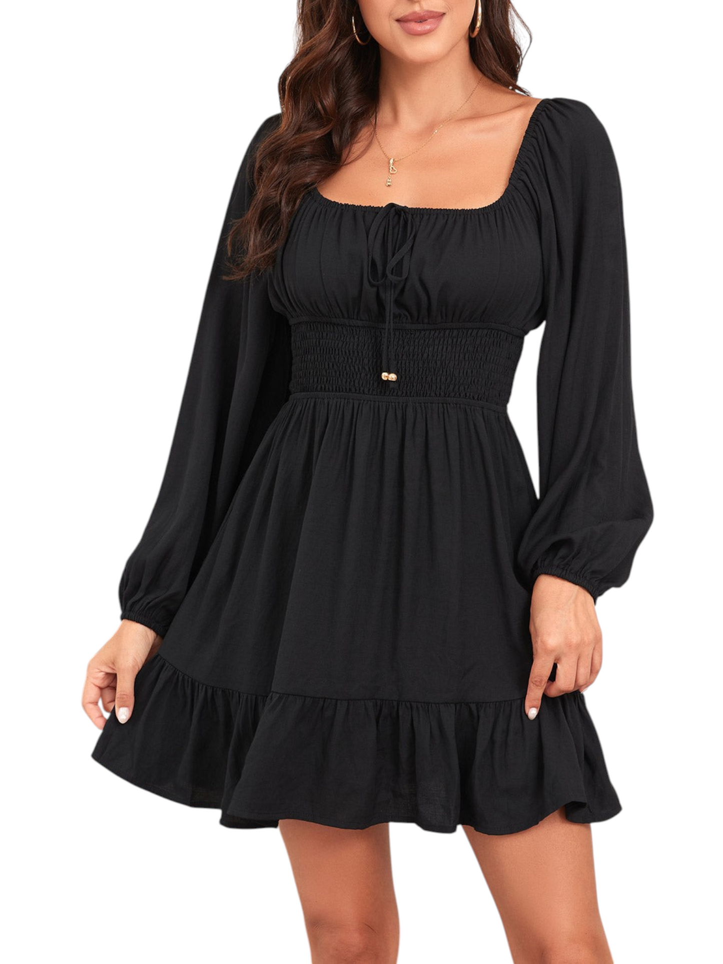 Catherine Martin black smocked tie neck dress with long sleeves, square neckline, and ruffled hem in cotton blend