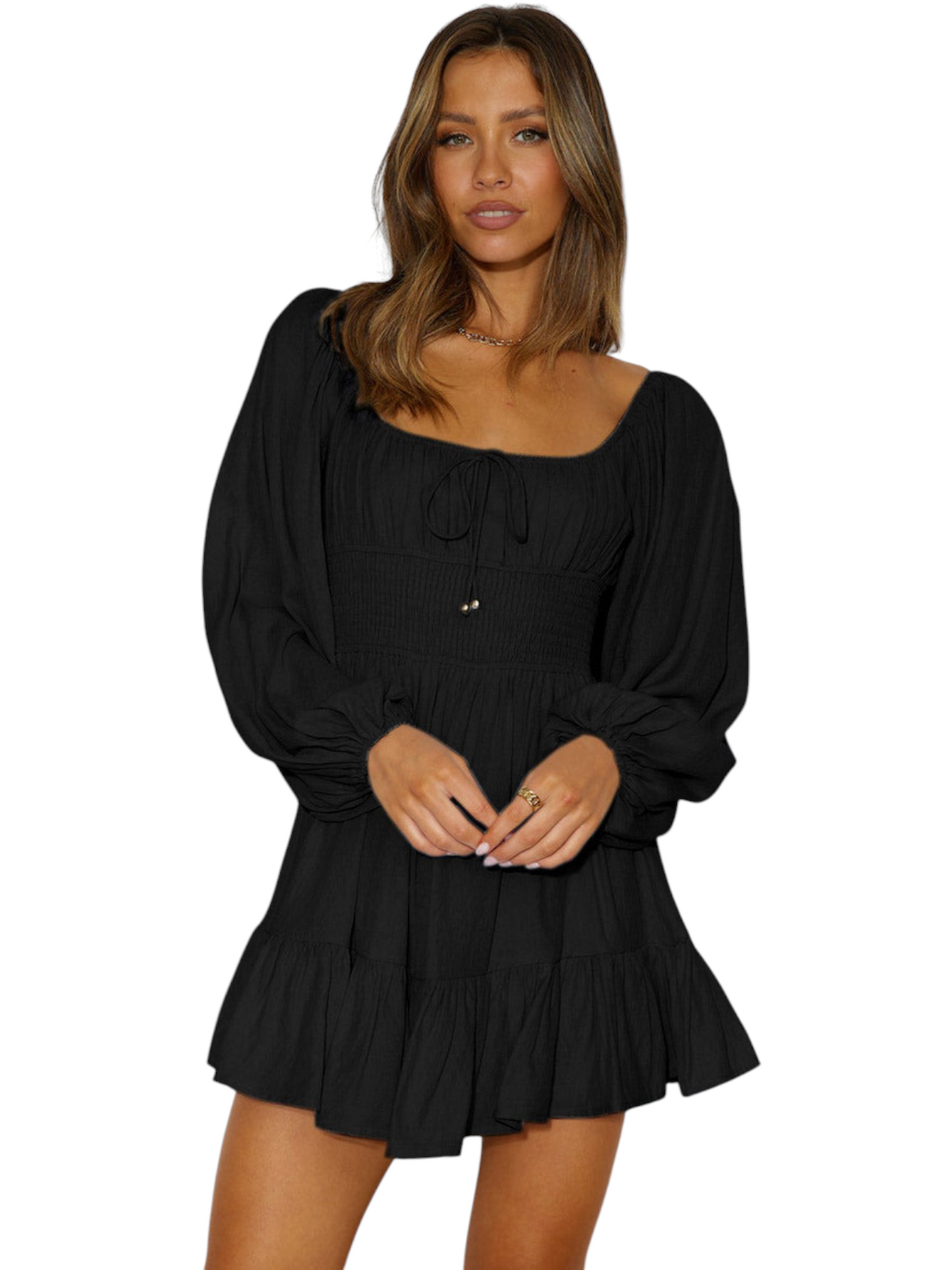 Catherine Martin black smocked mini dress with long blouson sleeves, drawstring square neckline, and ruffled hem