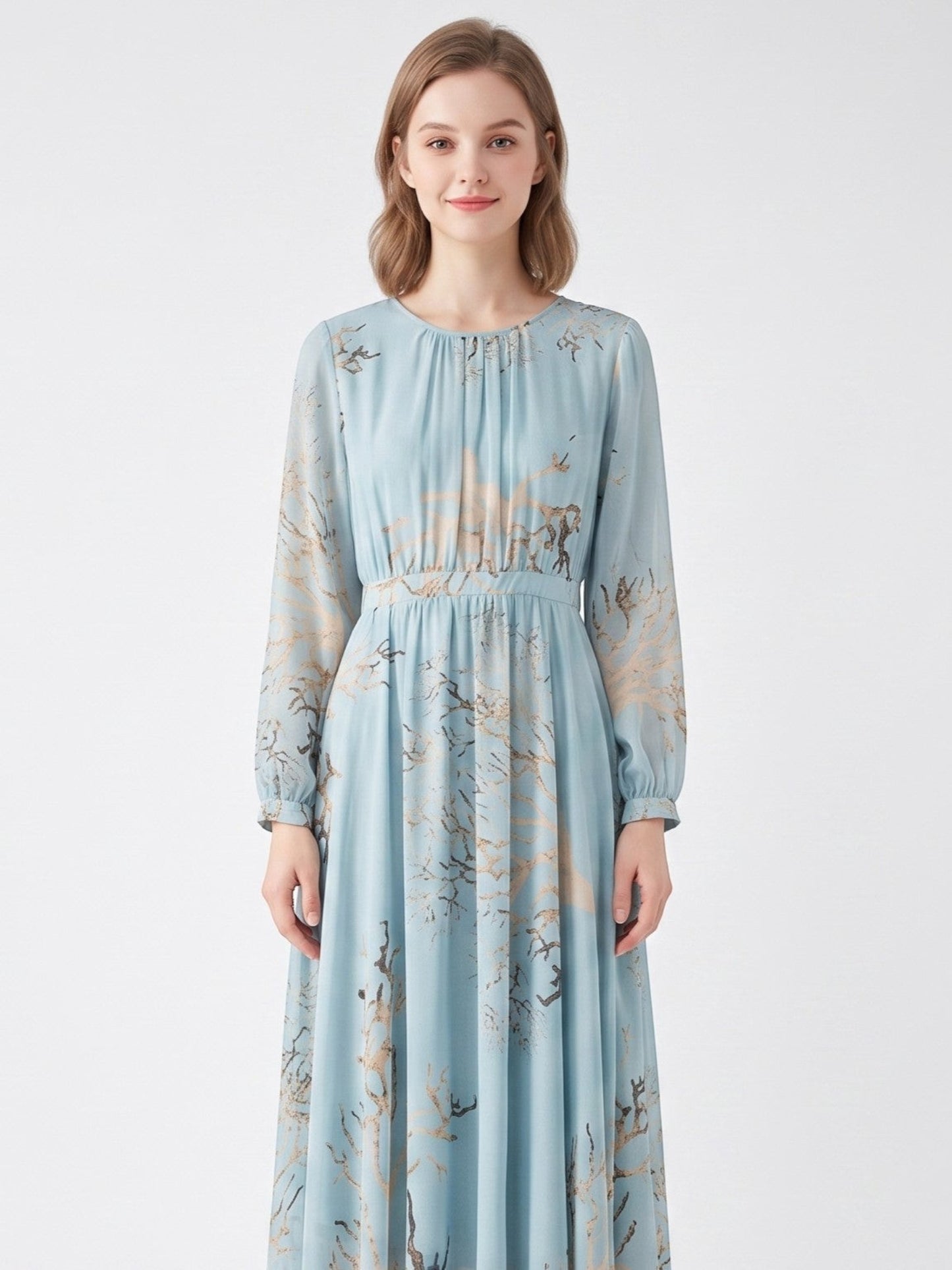 Catherine Martin powder blue mulberry silk midi dress with gold and brown branch print, long sleeves, and pleated waist